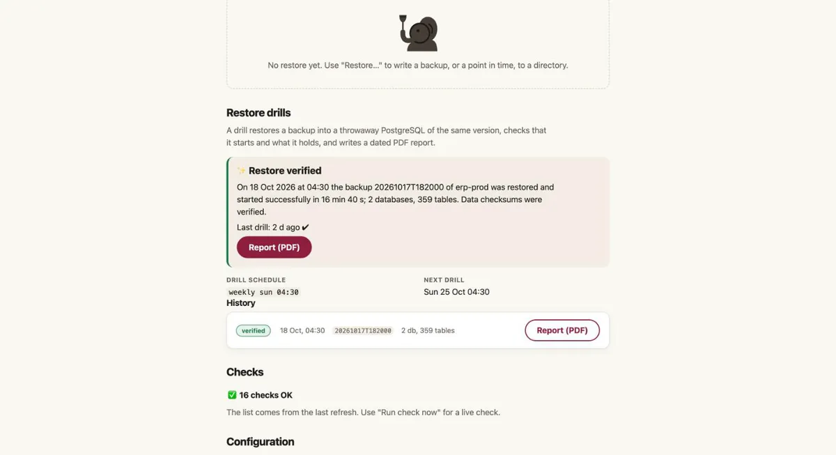 pgCellar Restore drills page: restore exercises and PDF reports