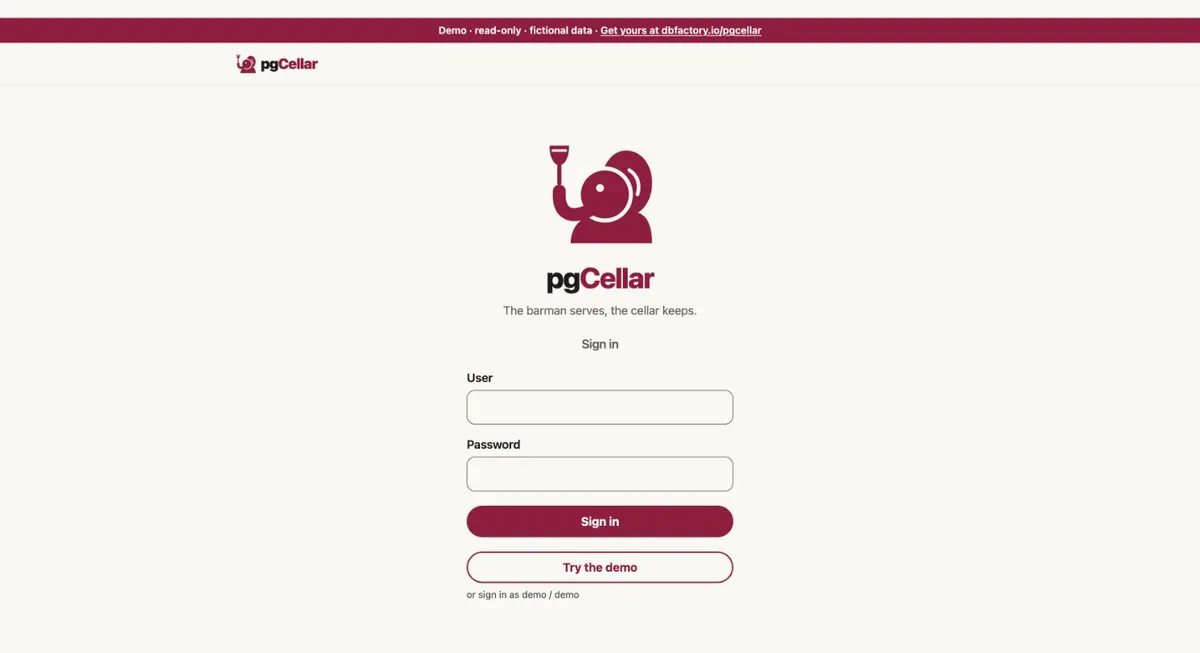 pgCellar demo sign-in screen