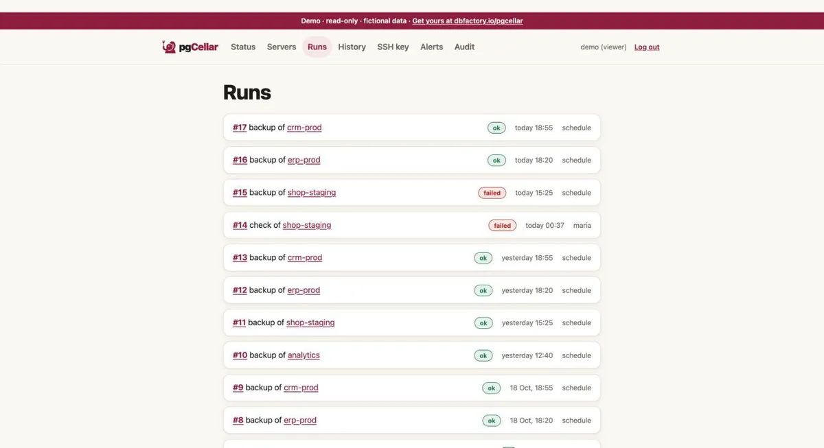 pgCellar list of runs: backups, restores and drills