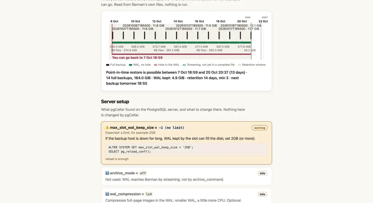 pgCellar Server setup section: PostgreSQL settings judged, with the fix