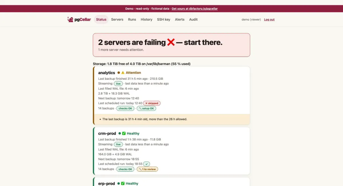 pgCellar Status page: a summary sentence and one row per server